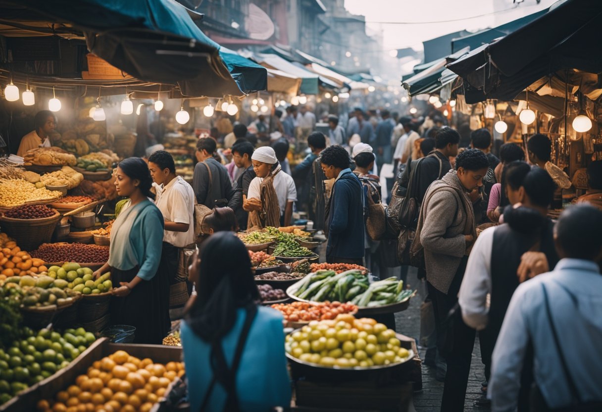 A bustling outdoor market with colorful stalls selling local cuisine and people gathered around, sampling and learning about the culture