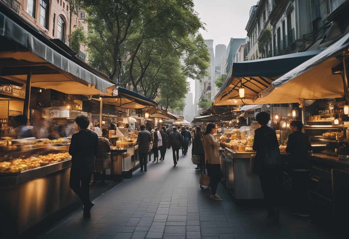 A bustling city street lined with diverse restaurants and food vendors, showcasing the unique culinary experiences of the specific city