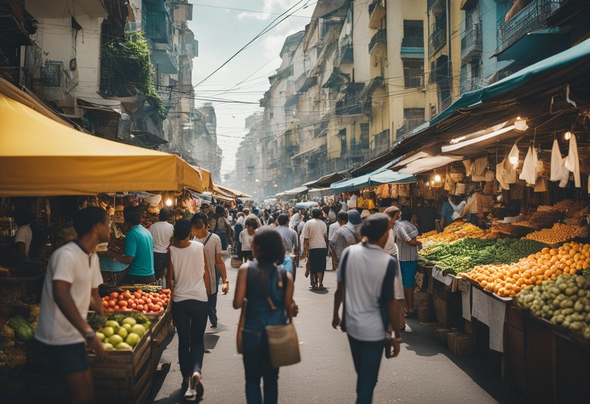 A bustling street market with colorful food stalls and bustling crowds in various Brazilian cities