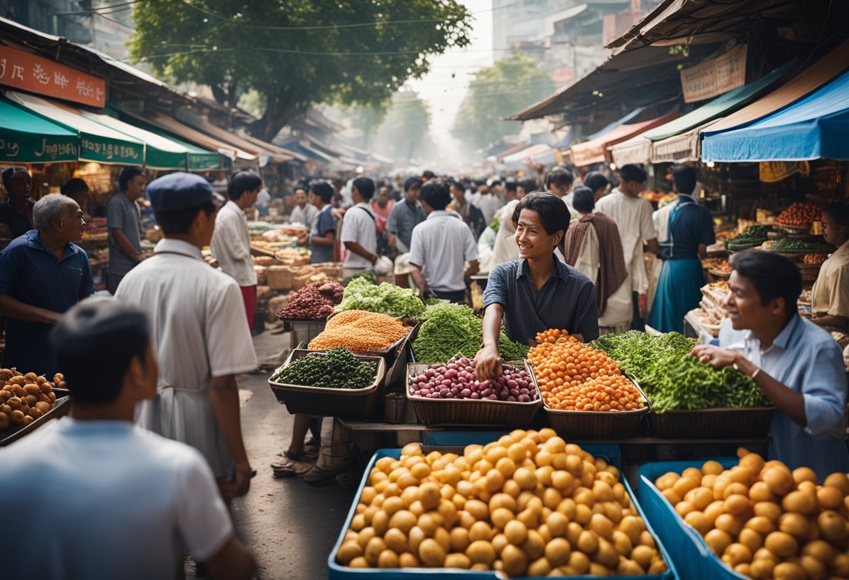 A bustling street market in a foreign city, with colorful food stalls and bustling crowds, showcasing the diverse and vibrant international culinary scene