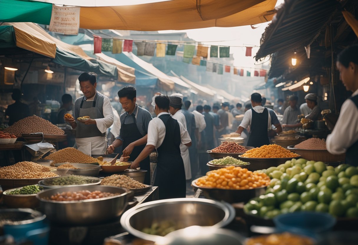 A bustling street market with colorful food stalls, locals and tourists sampling regional dishes, and chefs showcasing traditional cooking techniques