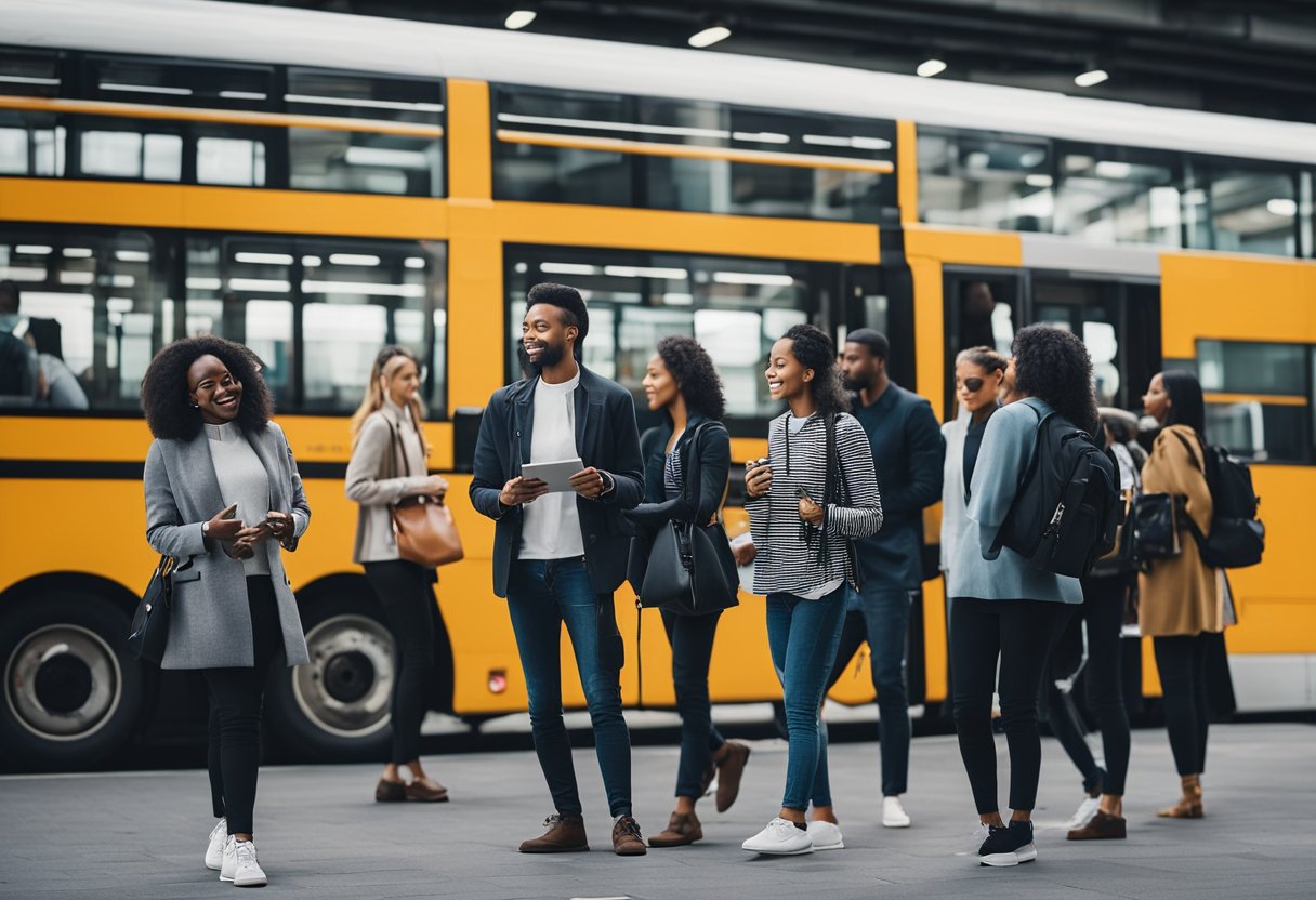 A diverse group of people boarding buses and trains in various cities, with clear signage and maps for navigation