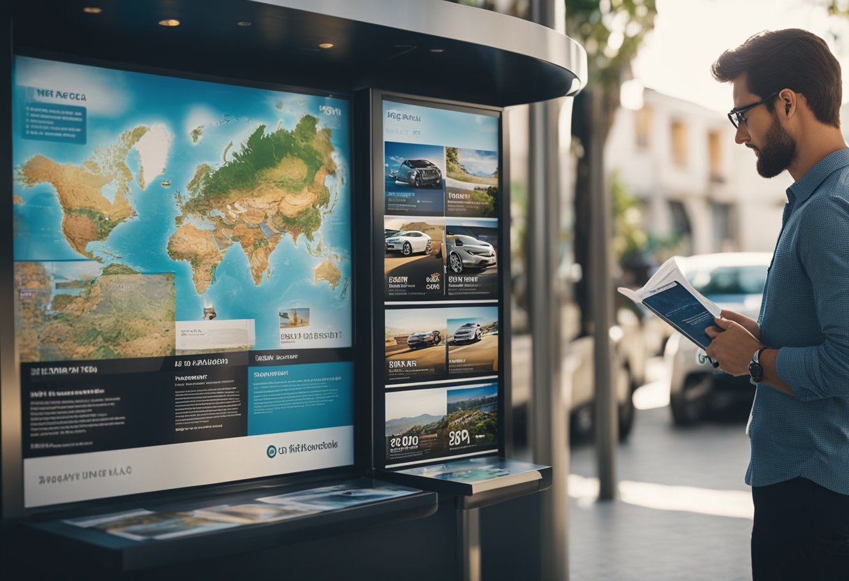 A person selecting a rental car at a kiosk with a world map and travel brochures in the background