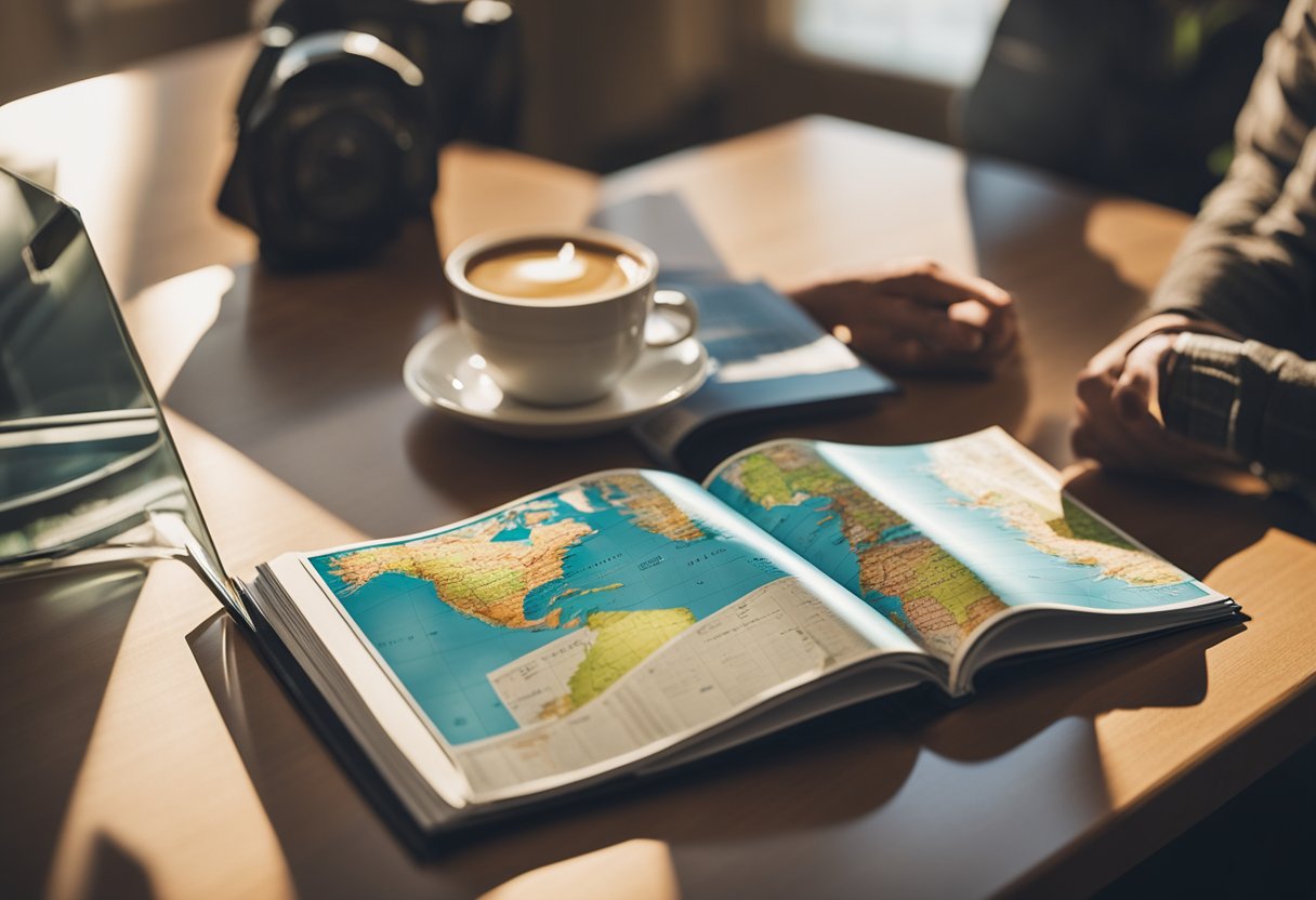 A traveler reading a guidebook on international car rental, with a world map and rental car brochure on the table