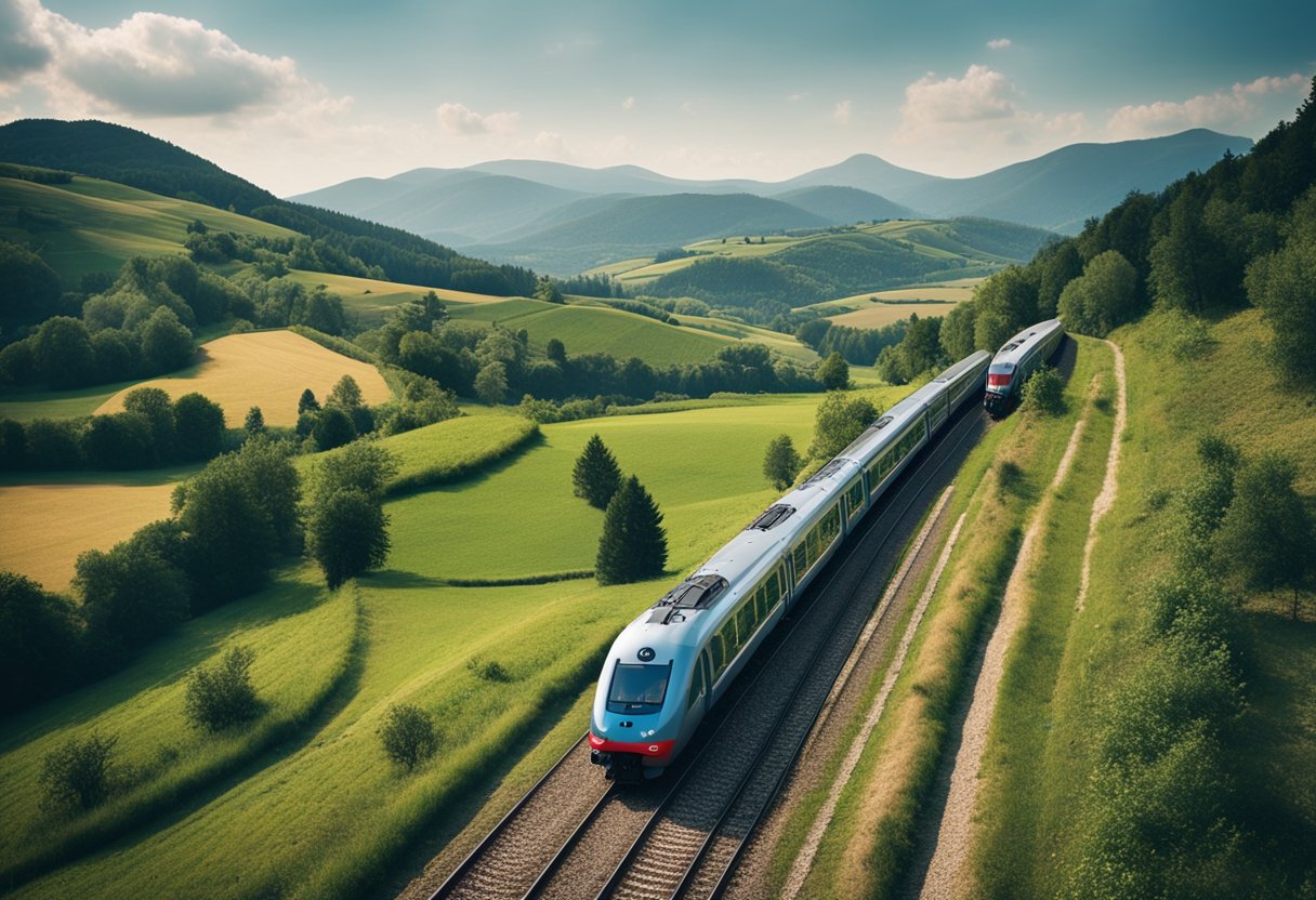 Passengers enjoying scenic train rides through European countryside, with rolling hills and charming villages passing by