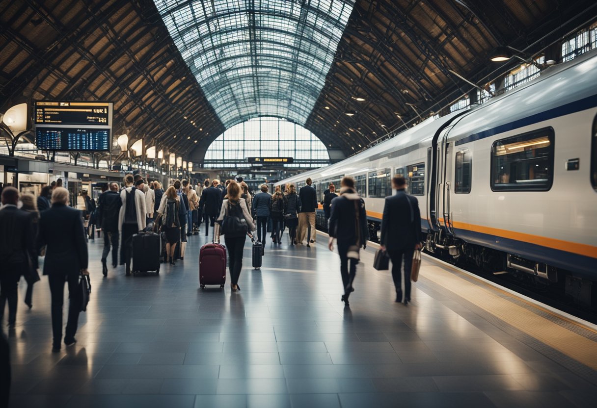 Various types of trains and service classes in a bustling European train station, with passengers boarding and departing, while staff members assist travelers