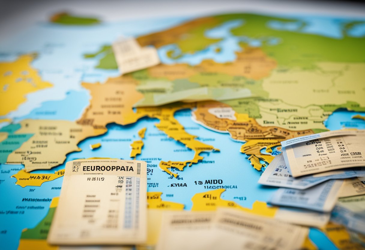 Train tickets and passes displayed on a table with a map of Europe in the background