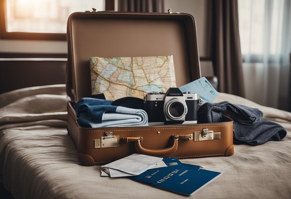 A suitcase sits open on a bed, filled with clothes and travel essentials. A map of Europe and a train ticket are laid out next to it