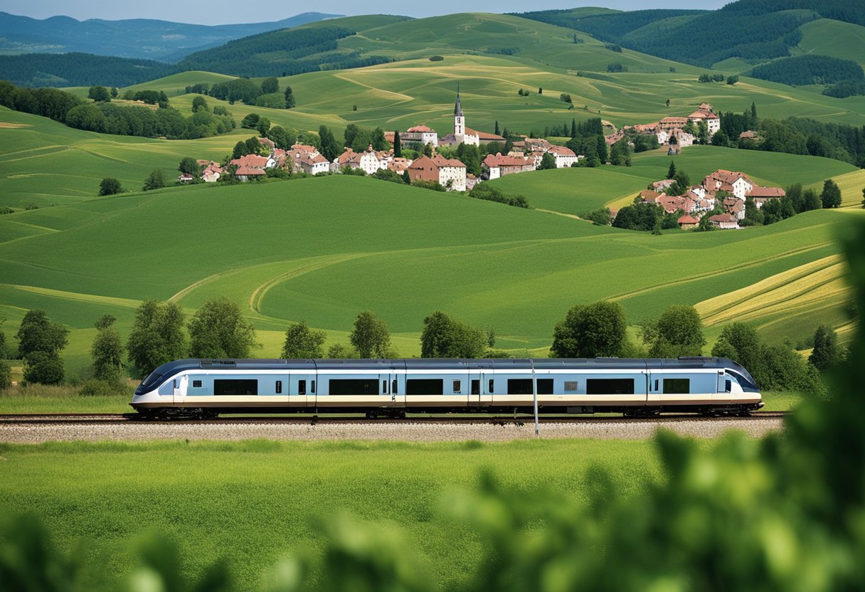 A train traveling through picturesque European landscapes, passing by charming villages and rolling hills, with a map and guidebook on the seat