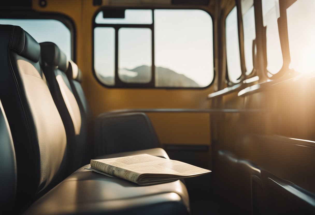 A bus traveling between cities with a map, suitcase, and travel guide on a seat. Sunlight streams through the window onto the items