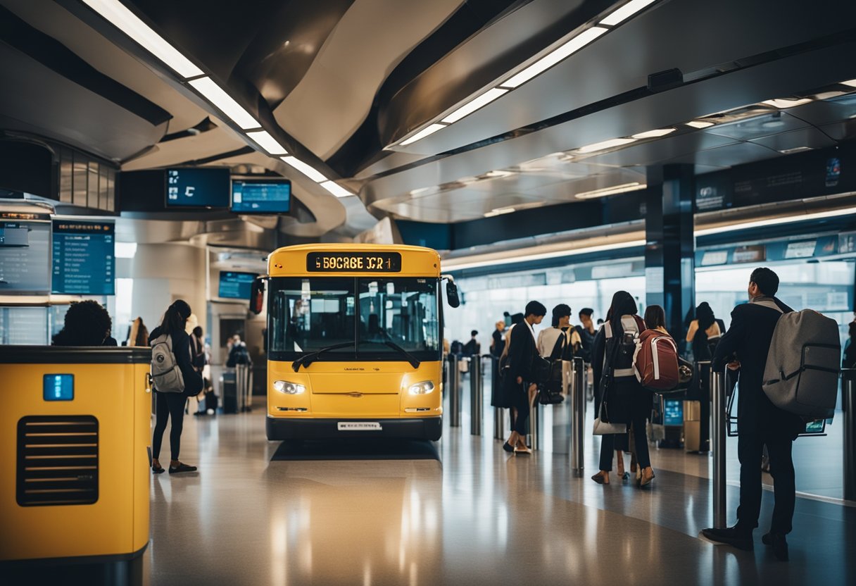 Passengers boarding a bus with luggage, a ticket counter in the background, and a sign with the destination city