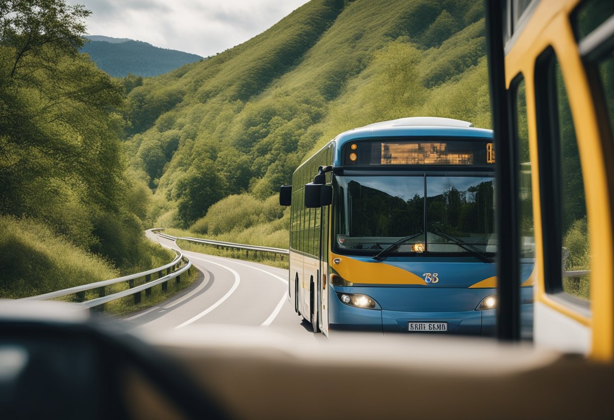 A bus traveling between cities, passing through scenic landscapes and small towns, with passengers reading, sleeping, and looking out the window