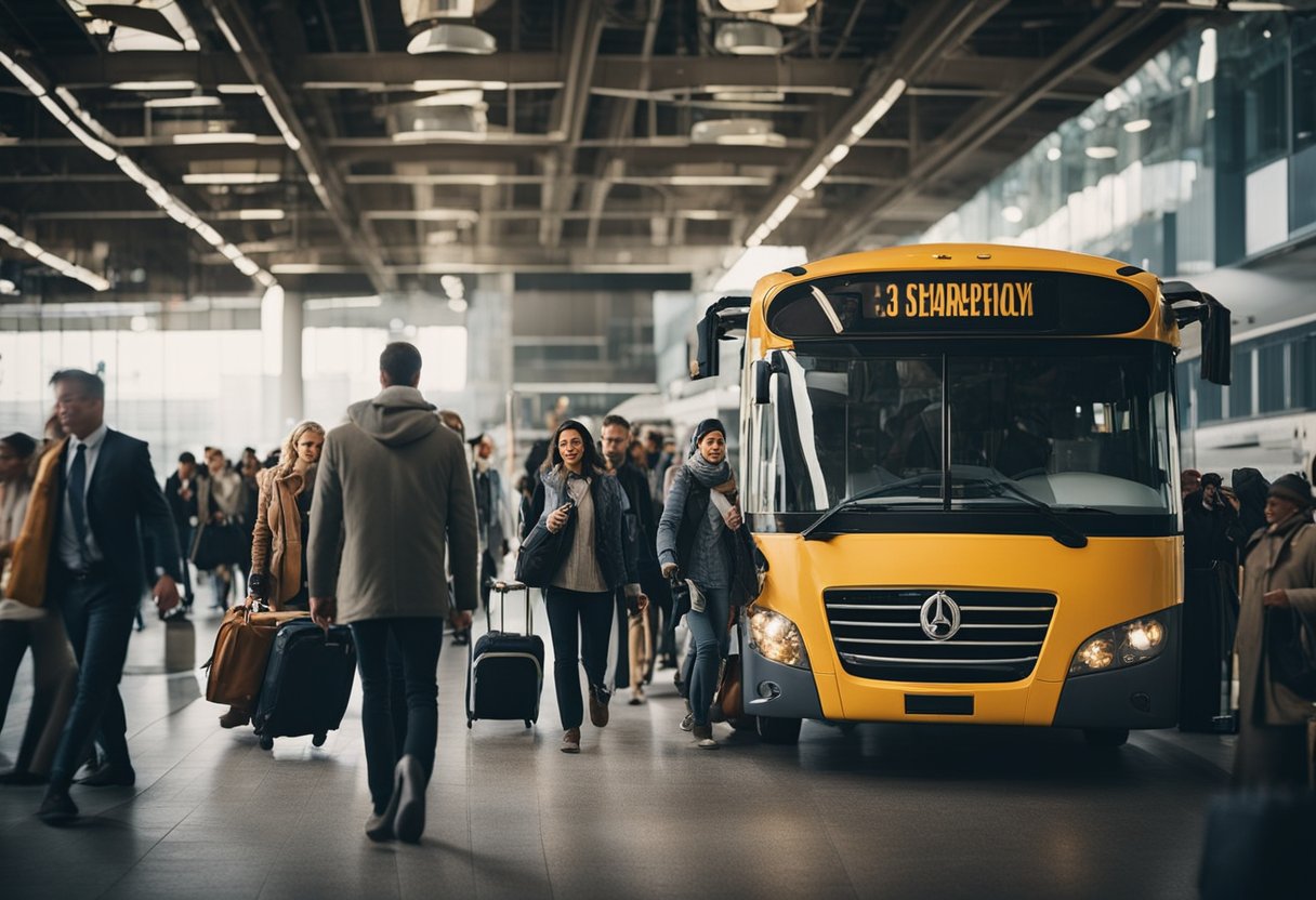 Passengers arriving and disembarking from a bus at a city terminal. Luggage being unloaded as people gather their belongings