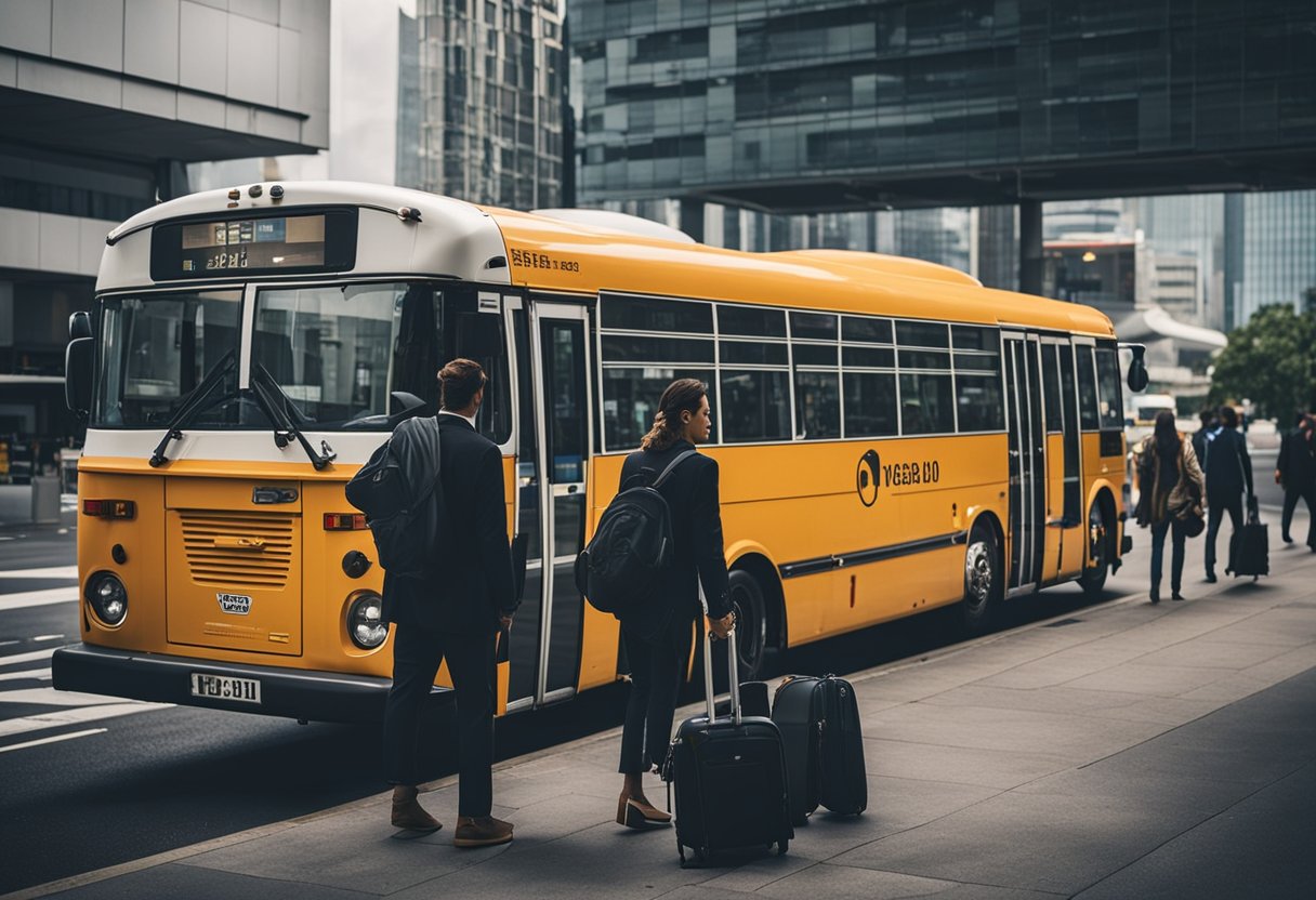 Passengers boarding a bus at a station, luggage in hand. City skyline in the background, with a sign indicating the destination city