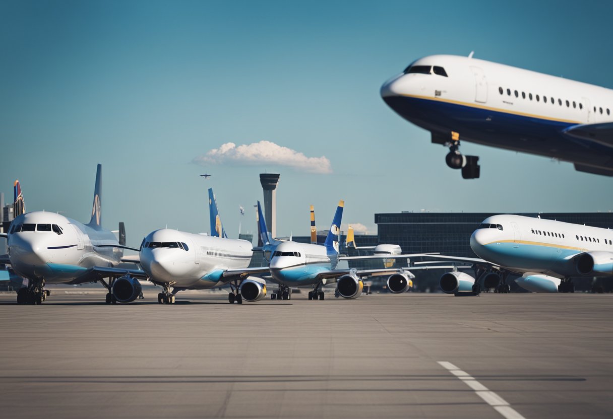 A plane taking off from a busy airport, with other planes lined up for departure, and a clear blue sky in the background