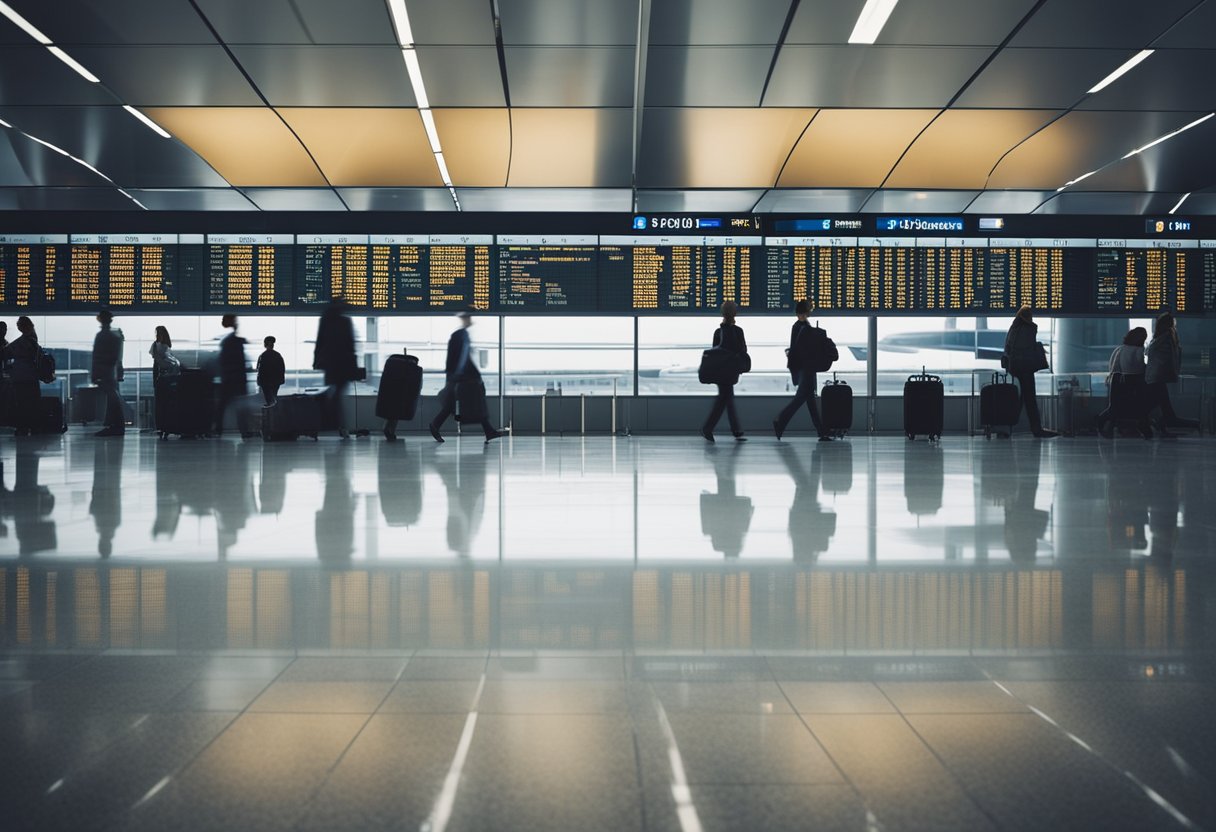 Travel planning with connections. Airport terminal with departure boards, passengers walking with luggage, and airplanes on tarmac