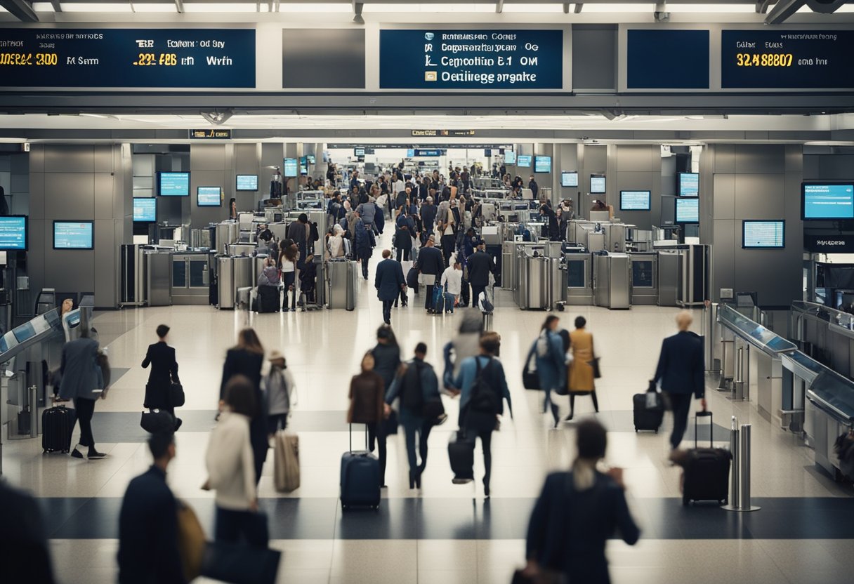 Passengers rushing between gates, checking departure boards, and queuing at transfer desks. Busy airport scene with luggage, signs, and bustling activity