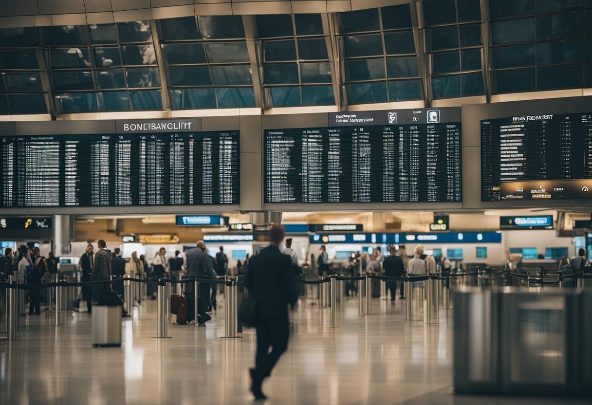 A busy airport terminal with multiple planes on the tarmac and passengers moving between gates. Signs display flight information and staff assist travelers