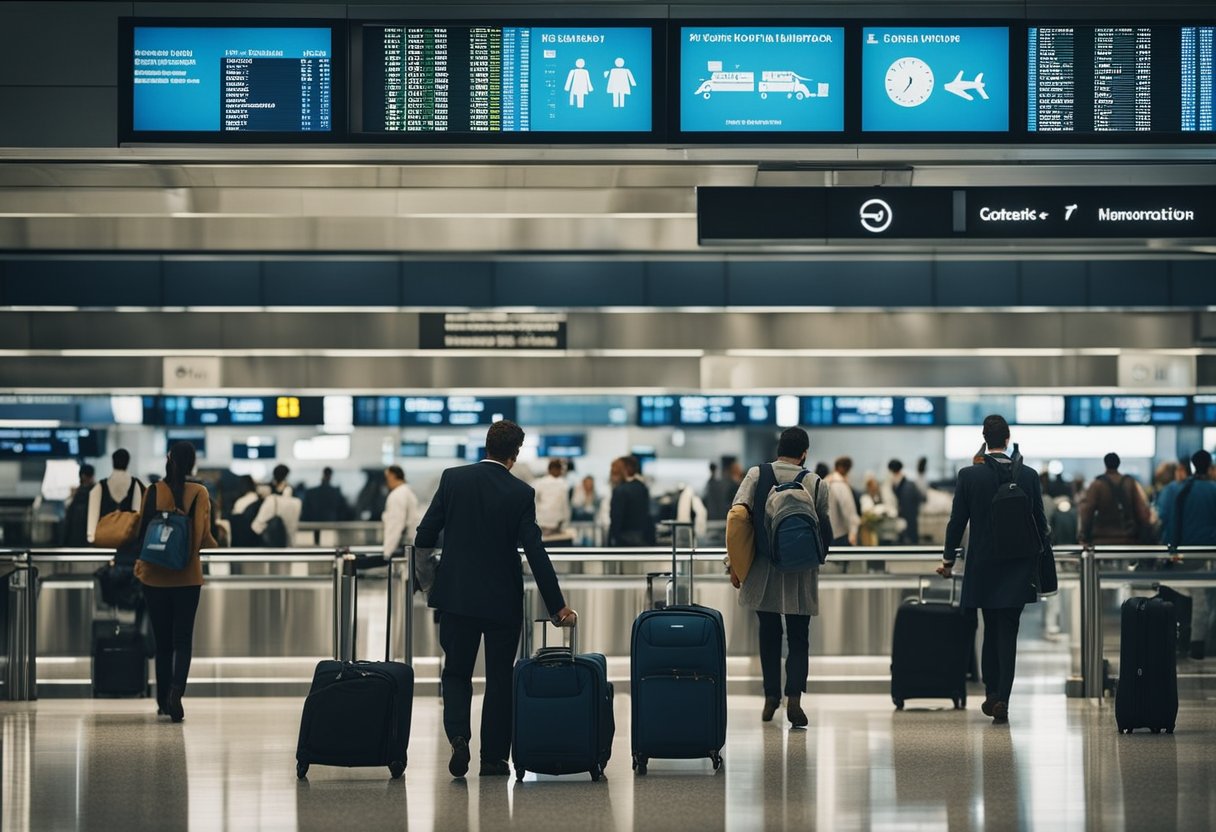 A busy airport terminal with travelers rushing to catch their connecting flights. Signs and screens displaying flight information. Luggage carts and airport staff assisting passengers