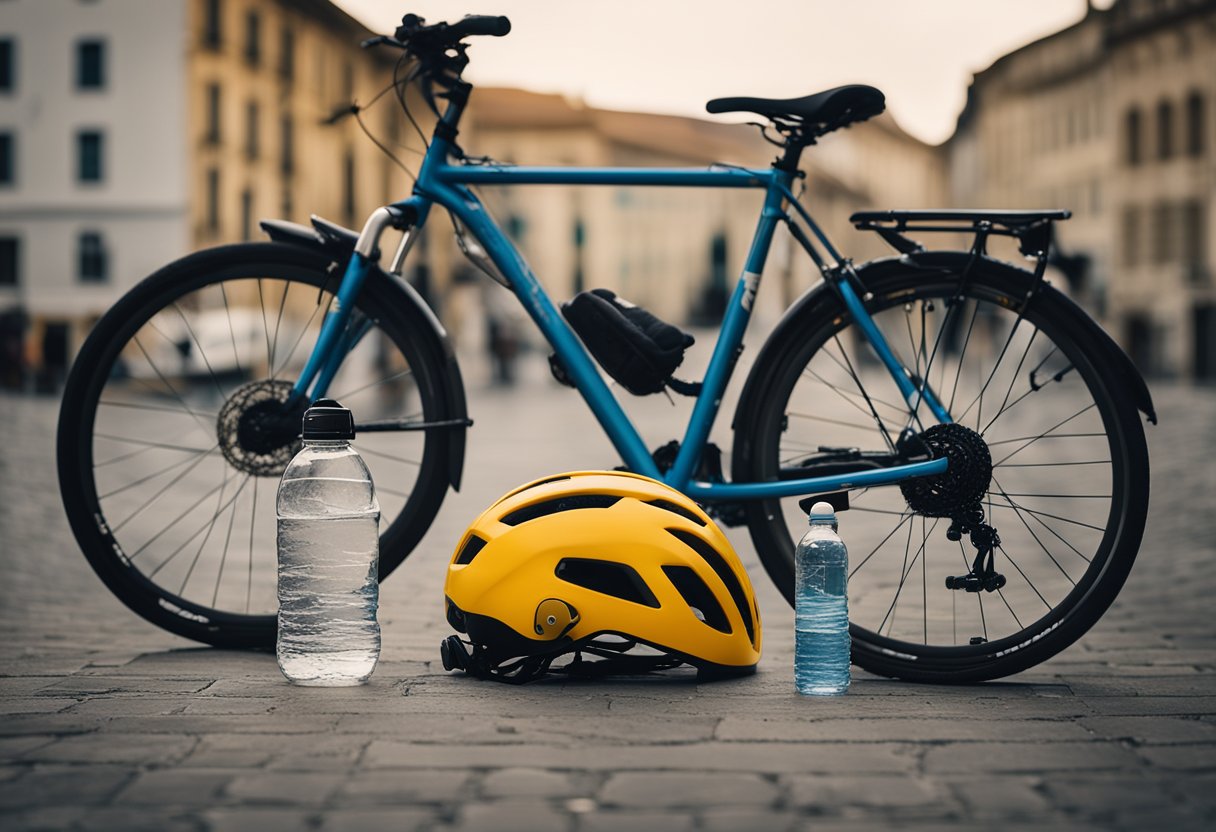 A bicycle parked next to essential accessories: helmet, lock, map, and water bottle. A scenic tourist destination in the background