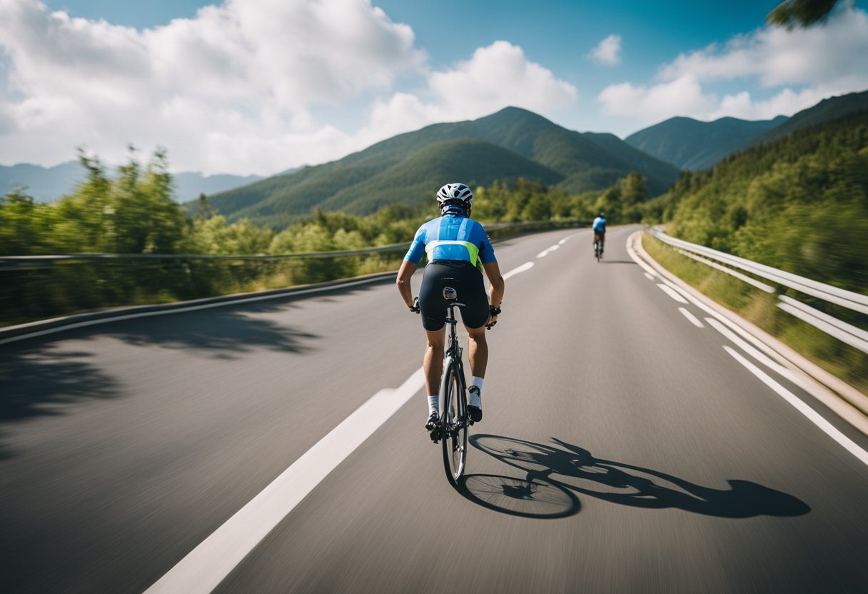 A cyclist navigating through a scenic tourist destination, following traffic safety rules