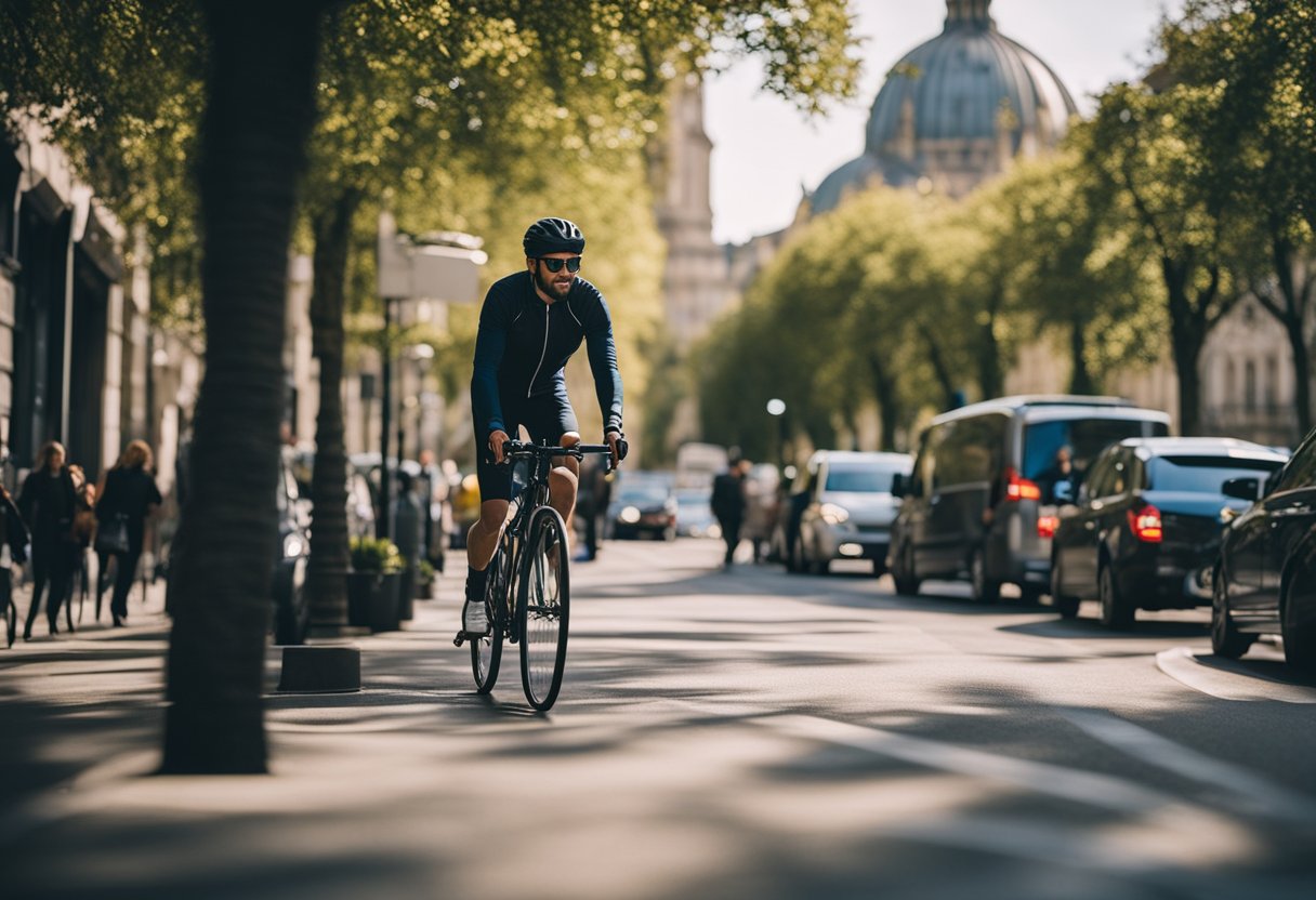 A cyclist seamlessly integrates with other modes of transportation in a tourist destination