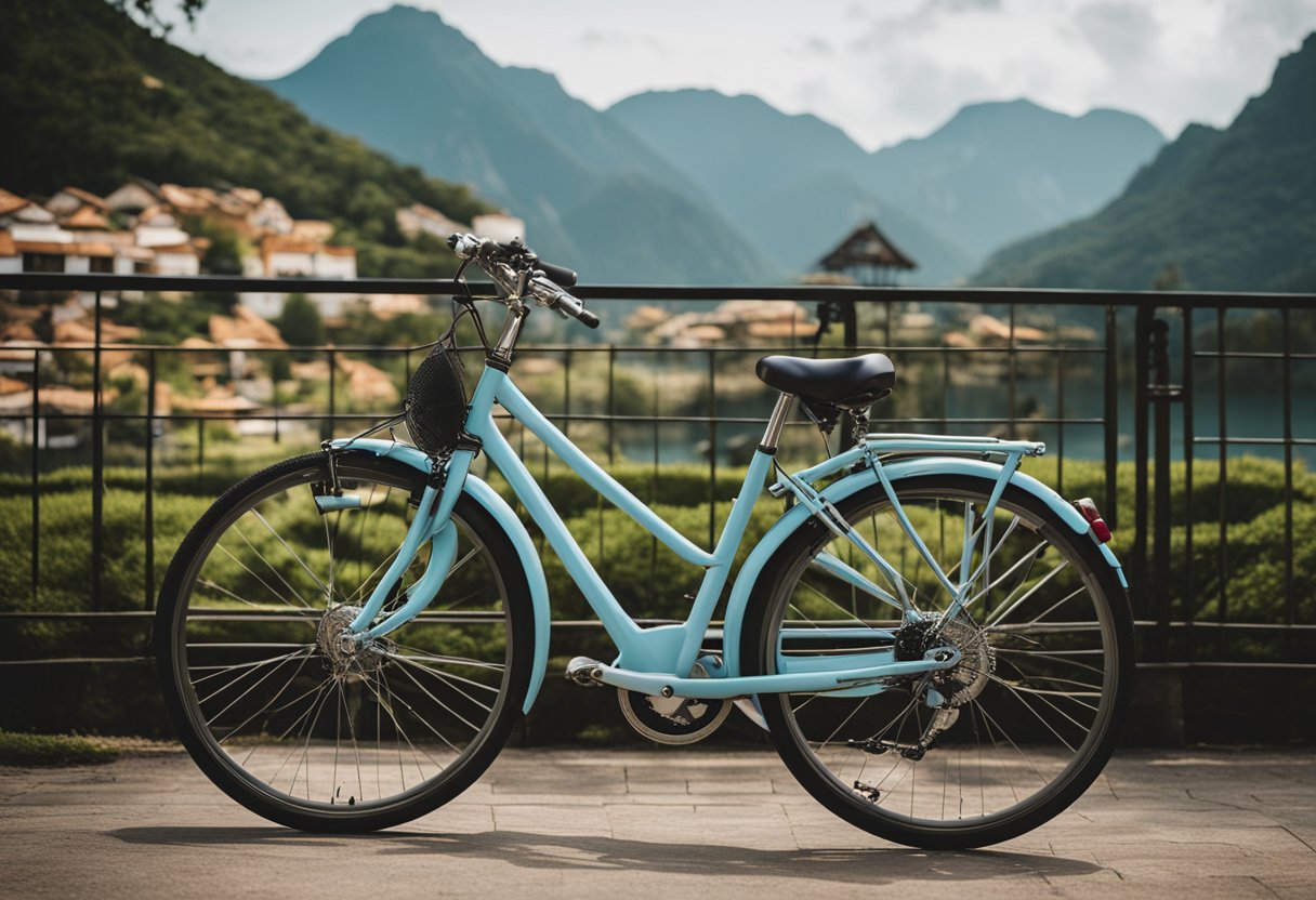 A well-maintained bicycle parked in a scenic tourist destination, surrounded by beautiful landscapes and tourist attractions