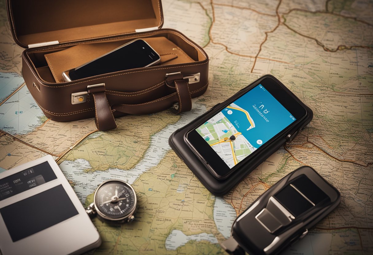 A smartphone with navigation and transportation apps open, surrounded by a map, compass, and suitcase