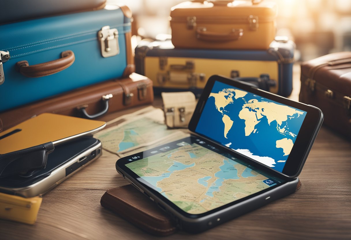 A traveler using language apps on a smartphone, surrounded by suitcases and a world map