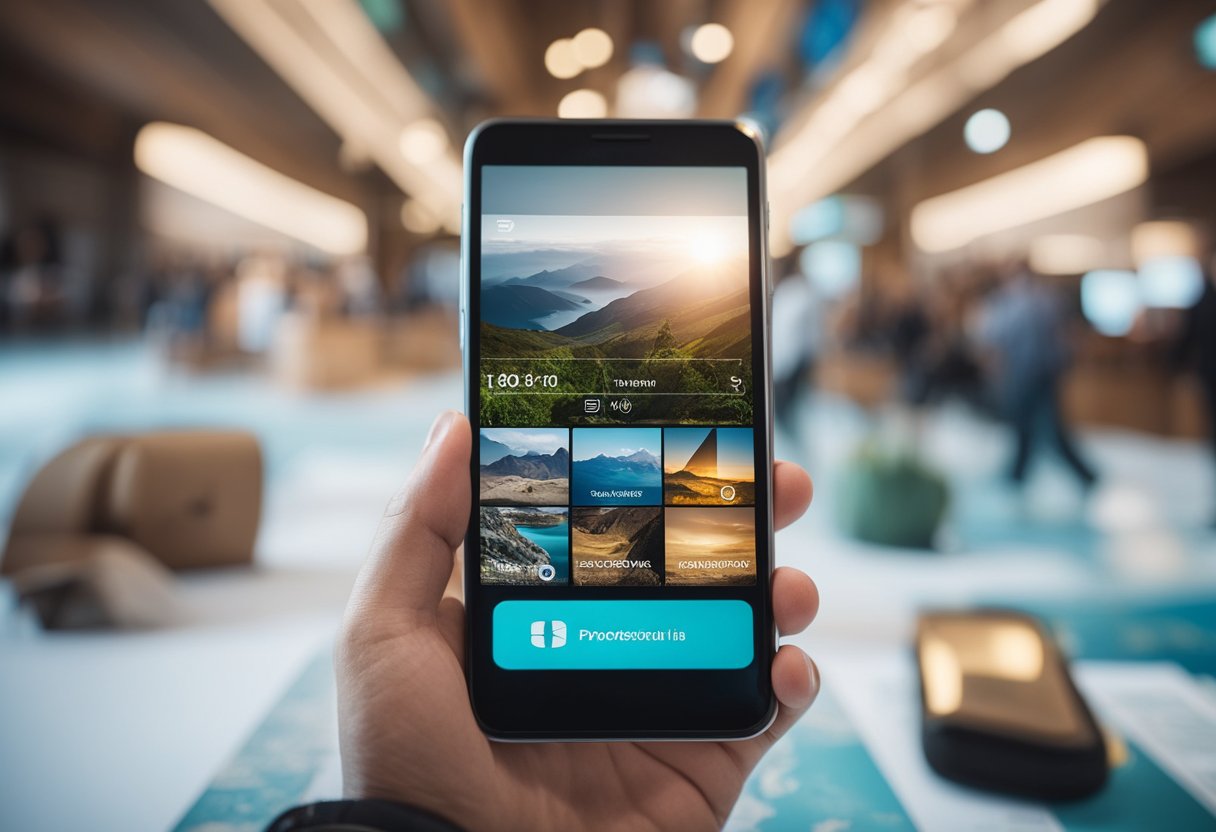 A traveler's hand holds a smartphone with budget management apps displayed, surrounded by travel essentials like a map, passport, and currency