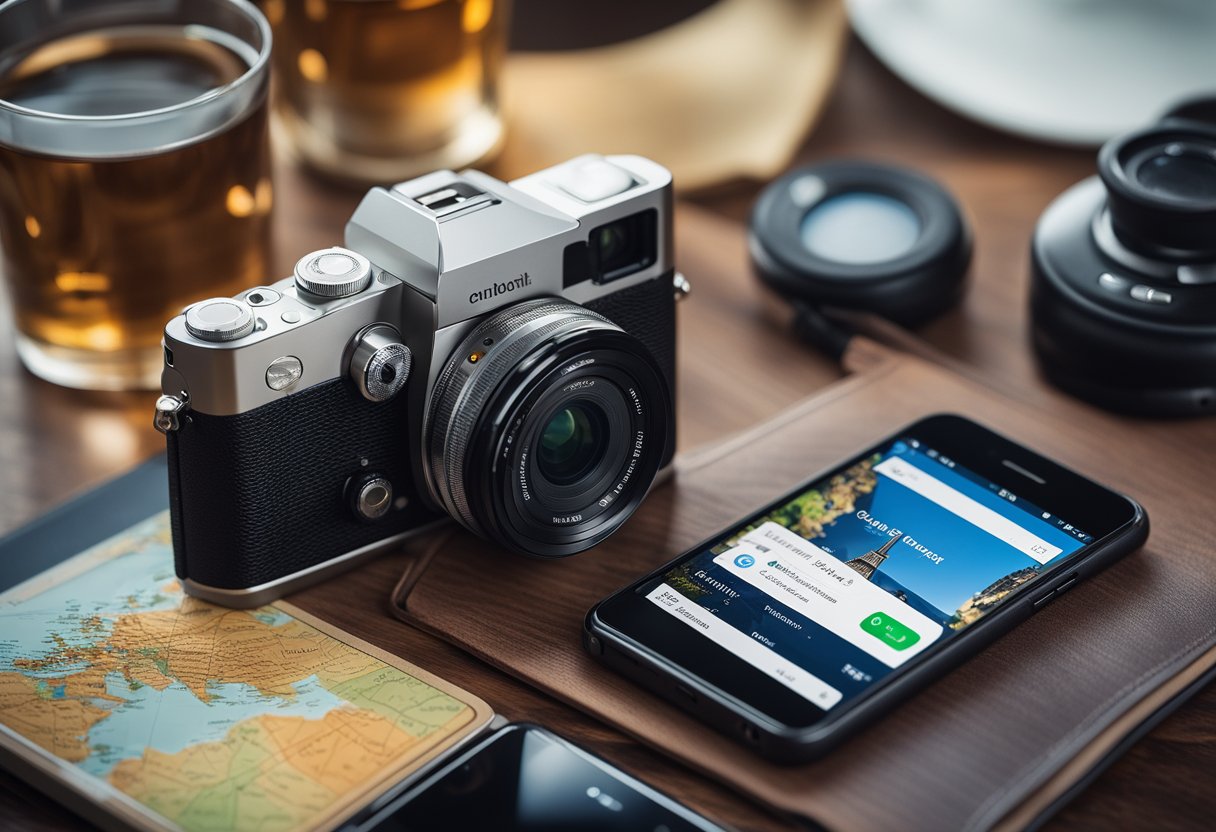 A smartphone displaying local experience apps surrounded by travel essentials like a map, camera, and passport