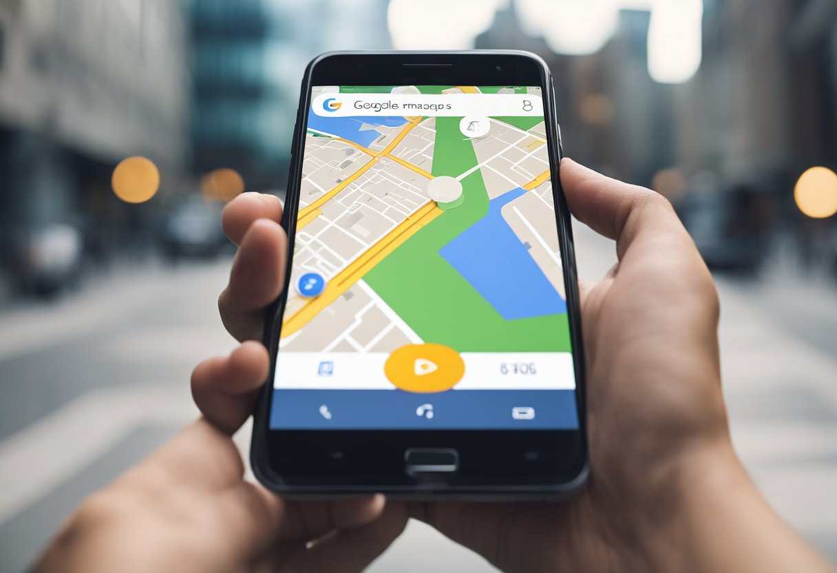 A hand holding a smartphone with the Google Maps app open, tapping on the menu button, then selecting "Offline maps" and choosing the desired area to download