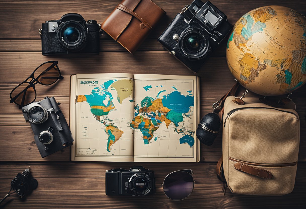 A camera, map, and backpack lay on a wooden table with a passport and sunglasses nearby. The scene is set with a globe and travel books in the background