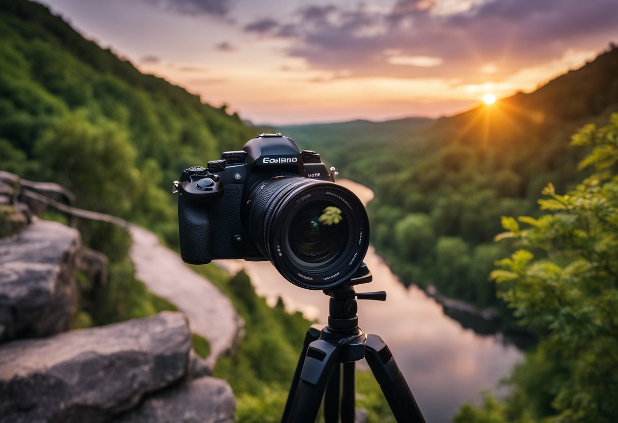 A camera positioned on a tripod capturing a scenic landscape with a winding river, lush greenery, and a colorful sunset in the background