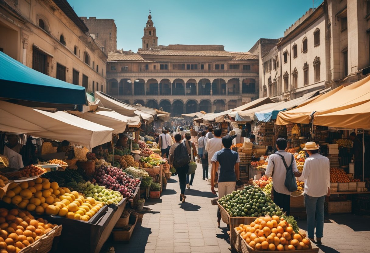 A vibrant street market with colorful fruits, bustling crowds, and traditional architecture. A warm, sunny day with a clear blue sky overhead