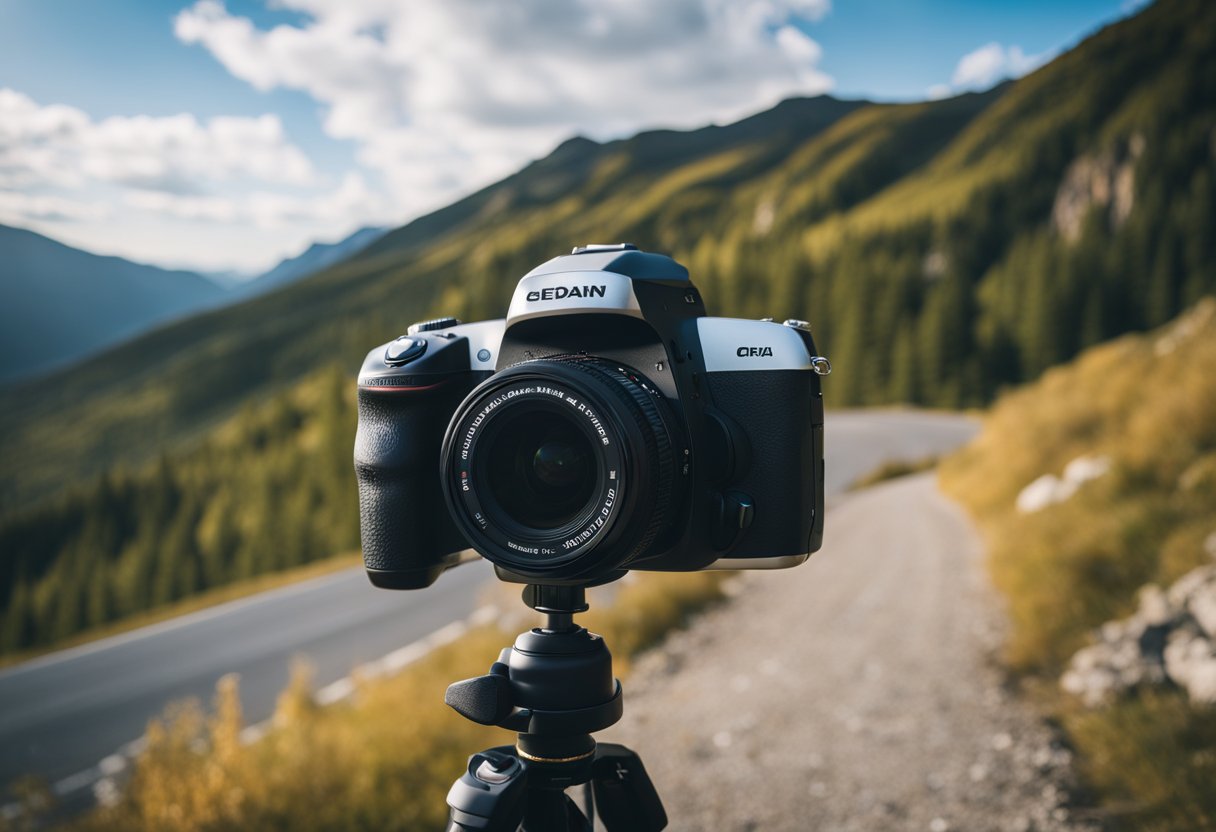 A camera on a tripod capturing a scenic landscape with mountains, a winding road, and a clear blue sky