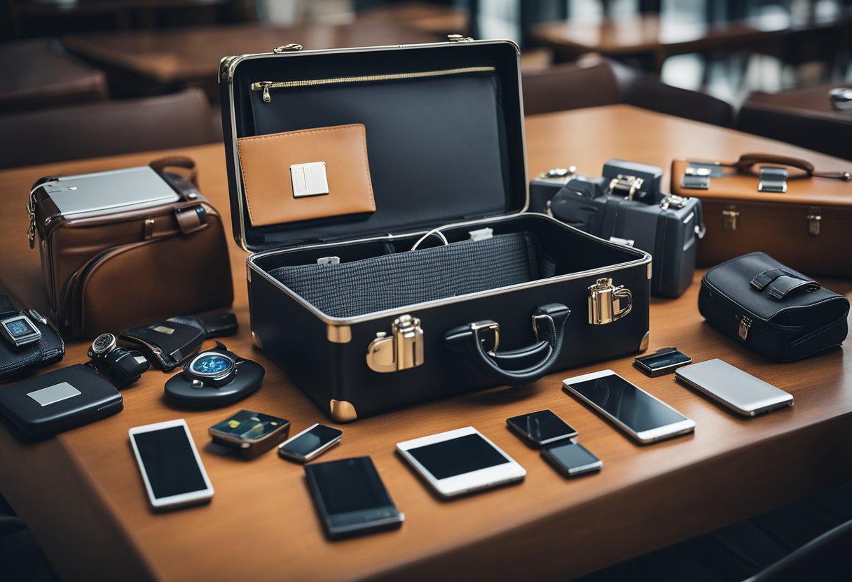 A suitcase with various electronic devices, such as a laptop, tablet, and smartphone, surrounded by security locks and shields