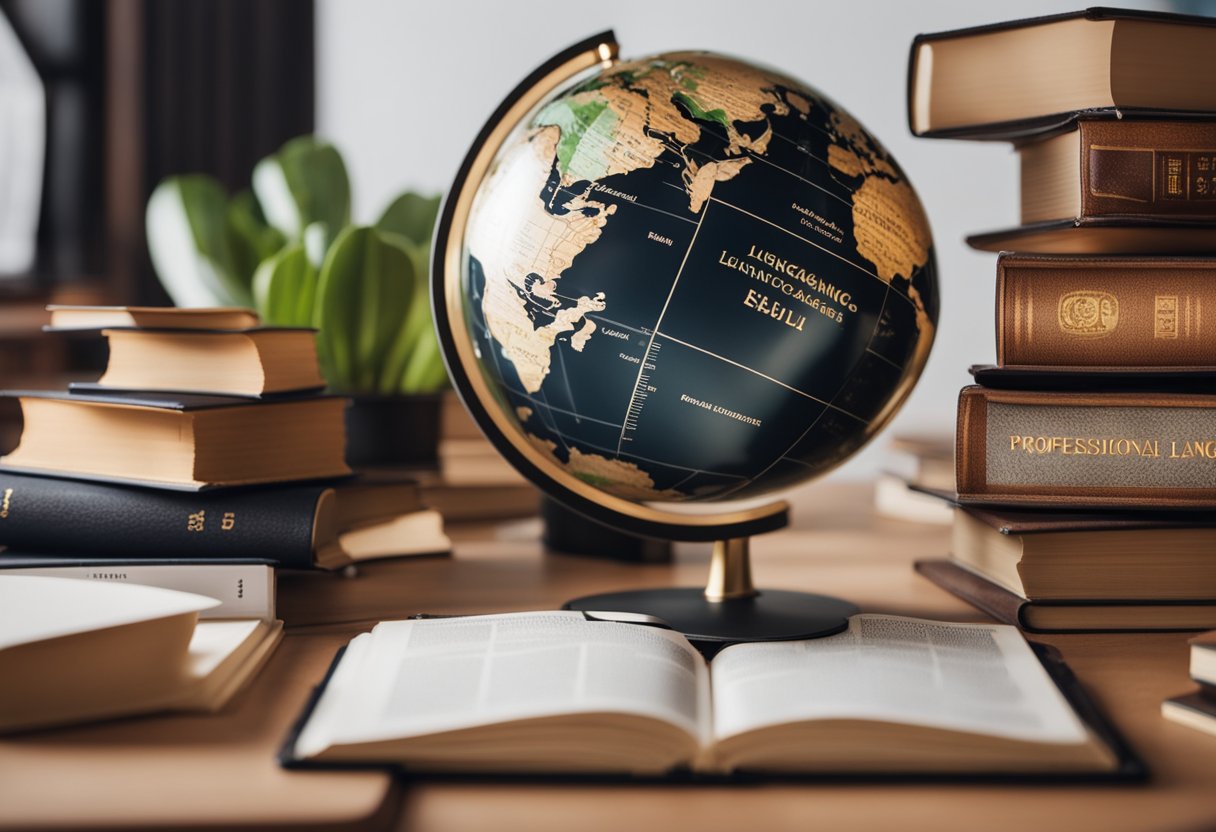 A person using language learning apps on a tablet, surrounded by books and flashcards. A globe and language dictionaries are on the desk