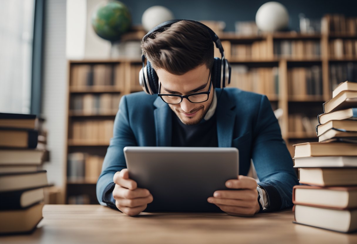 A person using language learning apps on a tablet, surrounded by books and flashcards, with headphones on, and a globe in the background