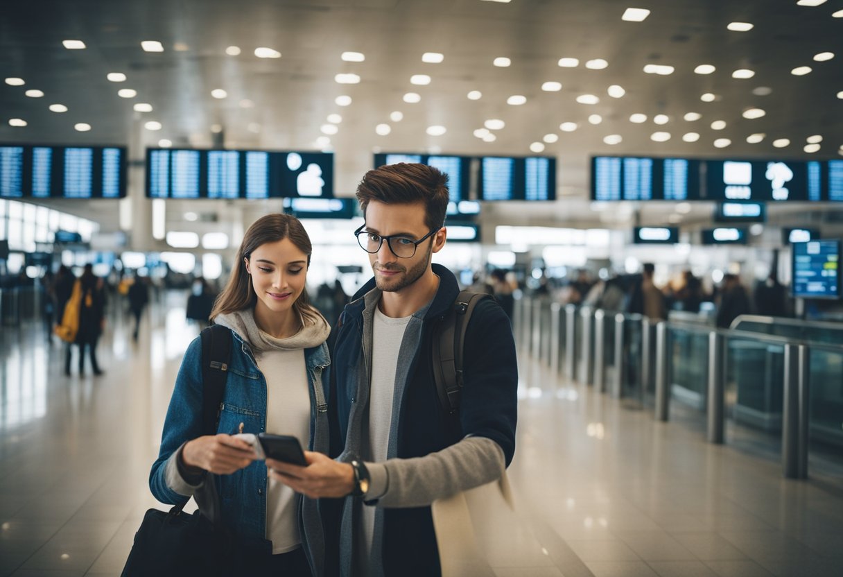 A traveler with a map and smartphone searches for free Wi-Fi in a bustling airport terminal