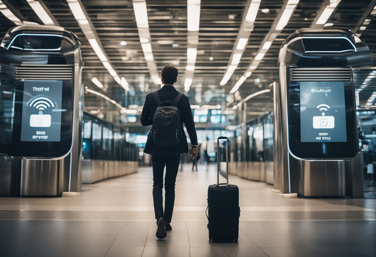 A traveler confidently connects to a secure public Wi-Fi network while on the go, ensuring safe internet access during their journey