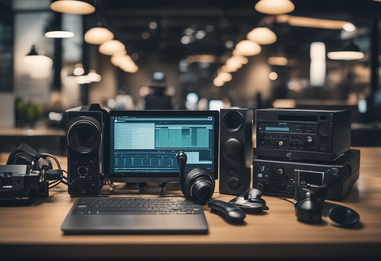 A person searching for free Wi-Fi, surrounded by various Wi-Fi boosting equipment and accessories