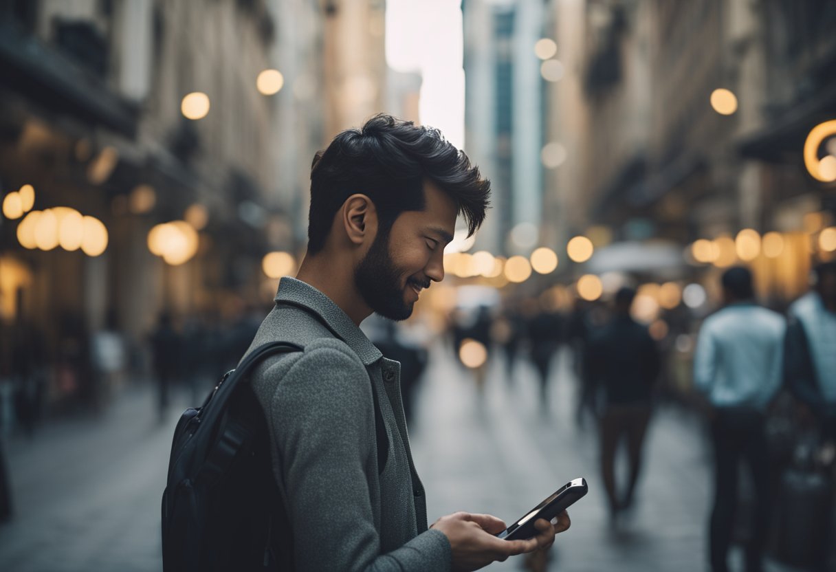 A traveler searching for free Wi-Fi, with a smartphone in hand, looks around a bustling city street, scanning for Wi-Fi hotspots and signs indicating free internet access